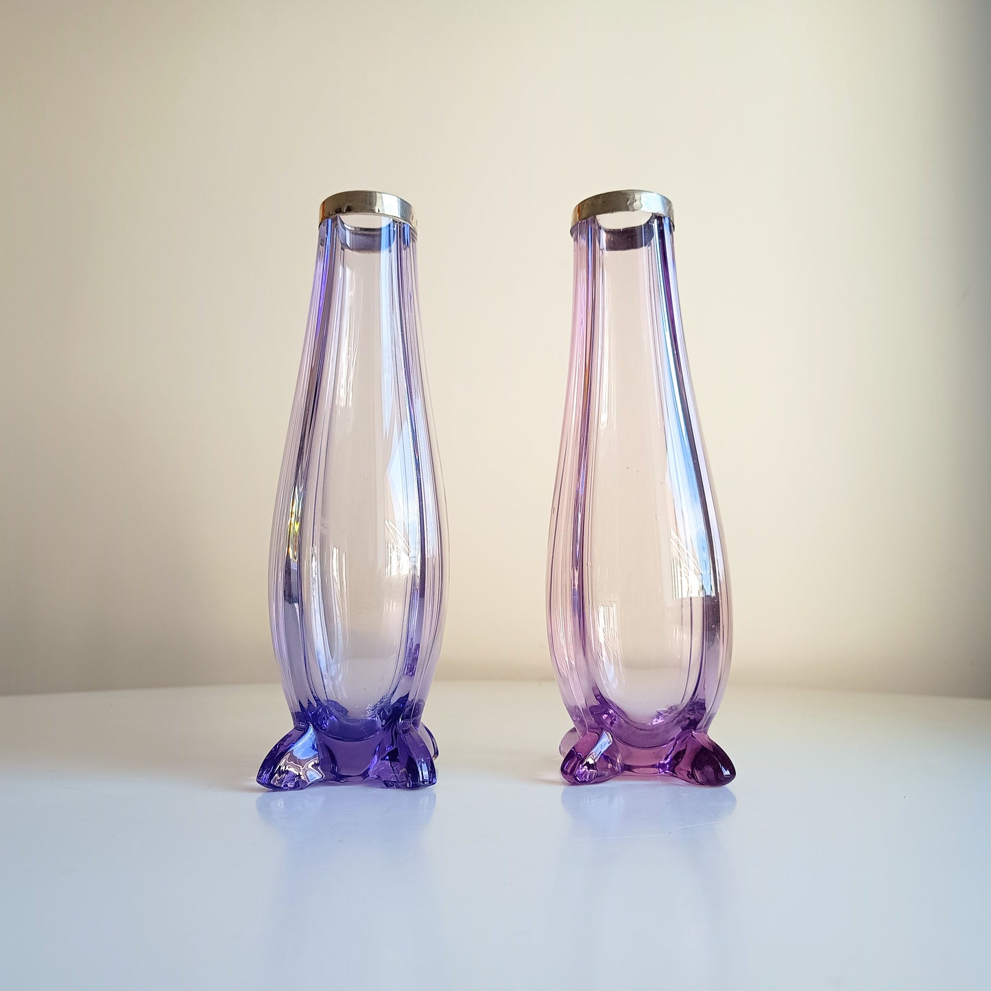 Antique Pair of Bohemia Export Amethyst Purple Glass Vases, London Hallmarked to David Loebl, Schindler, Sterling Silver Collars 1920s