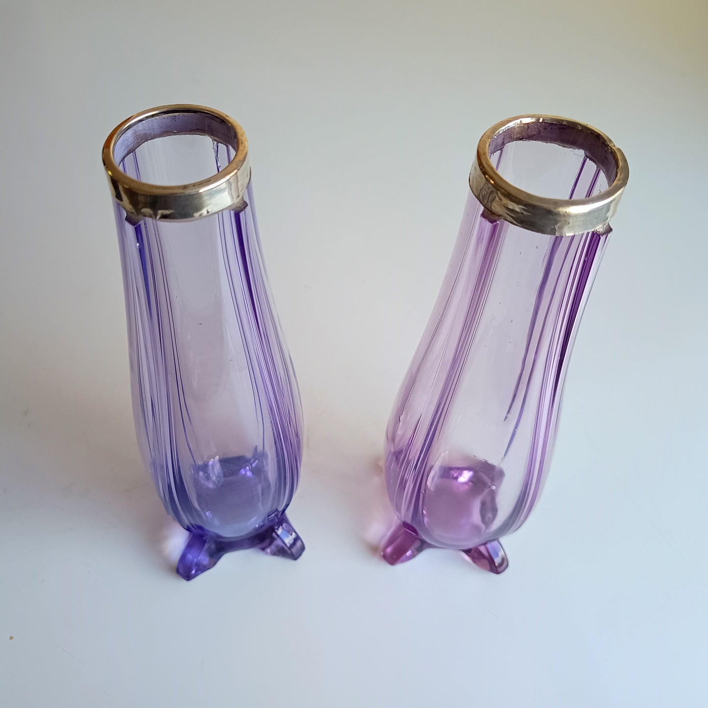 Antique Pair of Bohemia Export Amethyst Purple Glass Vases, London Hallmarked to David Loebl, Schindler, Sterling Silver Collars 1920s