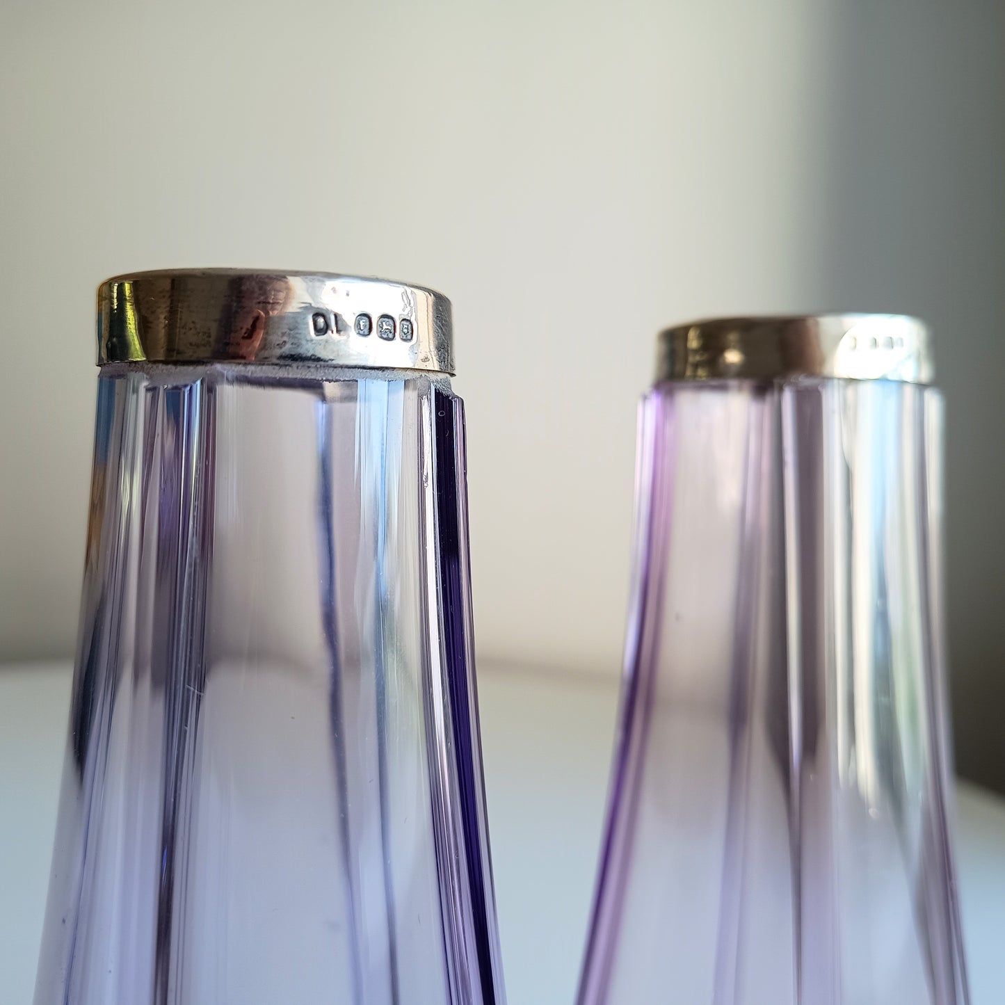 Antique Pair of Bohemia Export Amethyst Purple Glass Vases, London Hallmarked to David Loebl, Schindler, Sterling Silver Collars 1920s