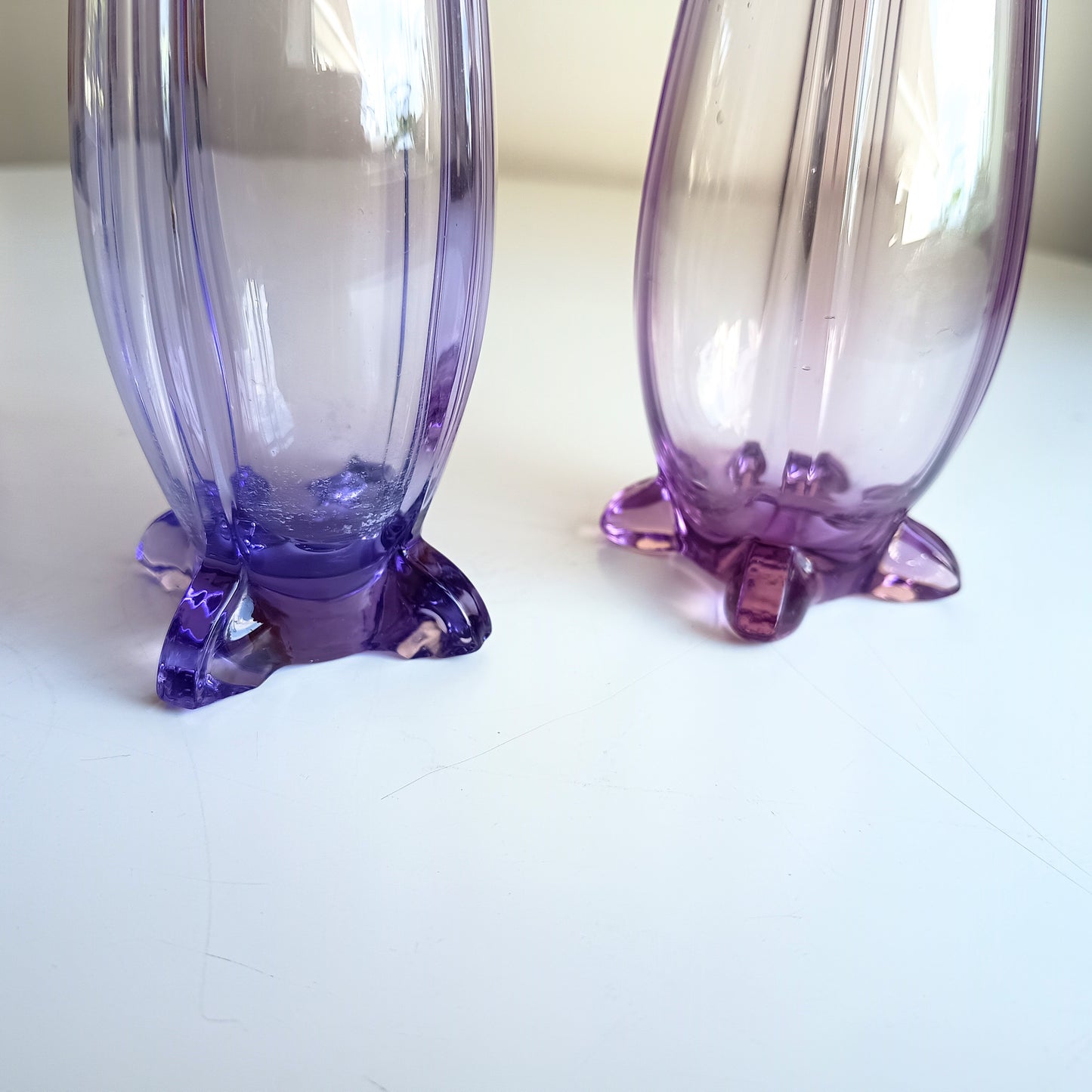 Antique Pair of Bohemia Export Amethyst Purple Glass Vases, London Hallmarked to David Loebl, Schindler, Sterling Silver Collars 1920s