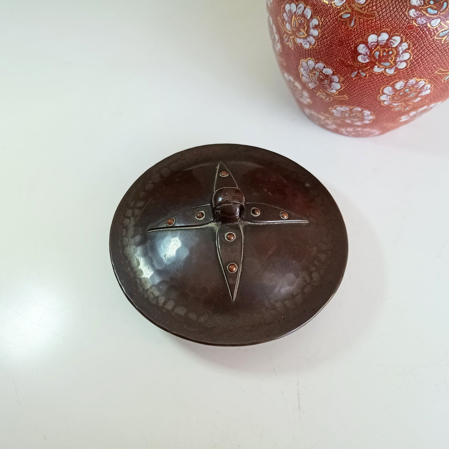 Vintage Doulton Lambeth Tobacco Jar Hammered Bronze Lid Riveted Strips Arts and Crafts 1890