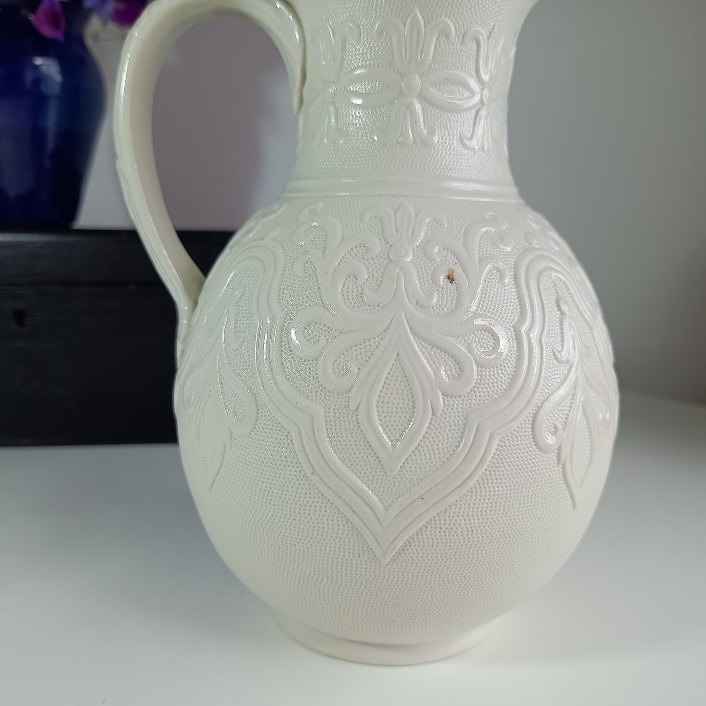 Victorian Staffordshire “Tyrol” Relief‑Moulded Jug – W. Brownfield & Son Stoneware with J. Dixon Sheffield Pewter Lid