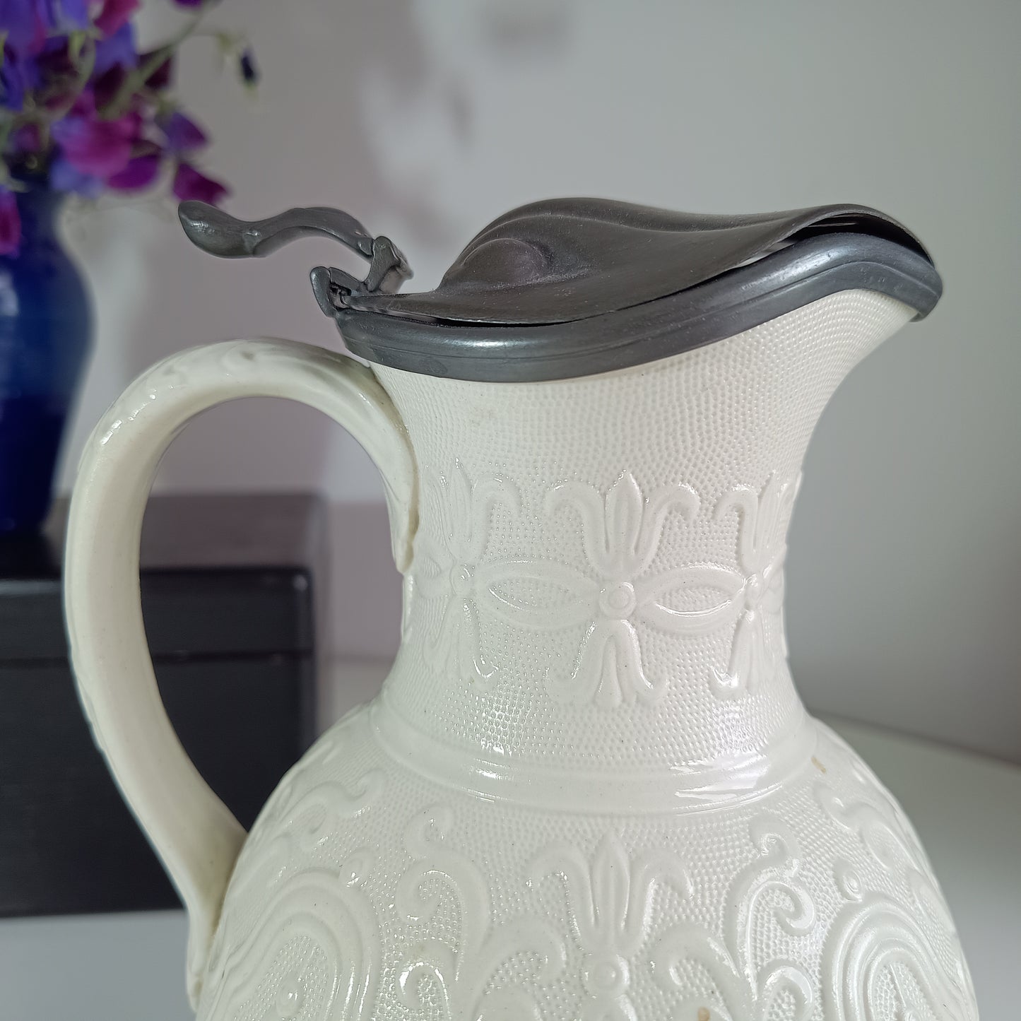Victorian Staffordshire “Tyrol” Relief‑Moulded Jug – W. Brownfield & Son Stoneware with J. Dixon Sheffield Pewter Lid