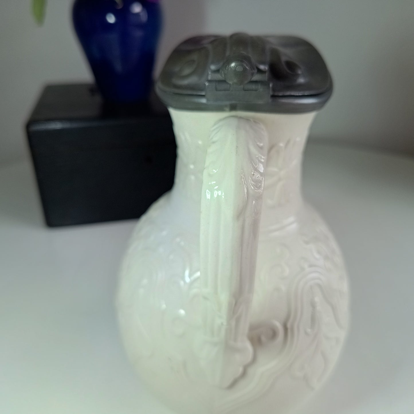 Victorian Staffordshire “Tyrol” Relief‑Moulded Jug – W. Brownfield & Son Stoneware with J. Dixon Sheffield Pewter Lid