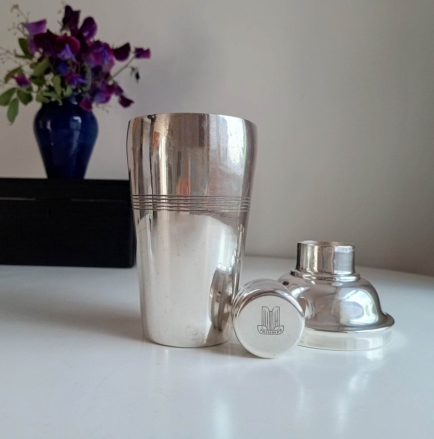 Vintage Art Deco Style Engine Turned English Silver Plate Cocktail Shaker By J Sanderson & Son for Triumph TR Sports Car With Iconic Logo