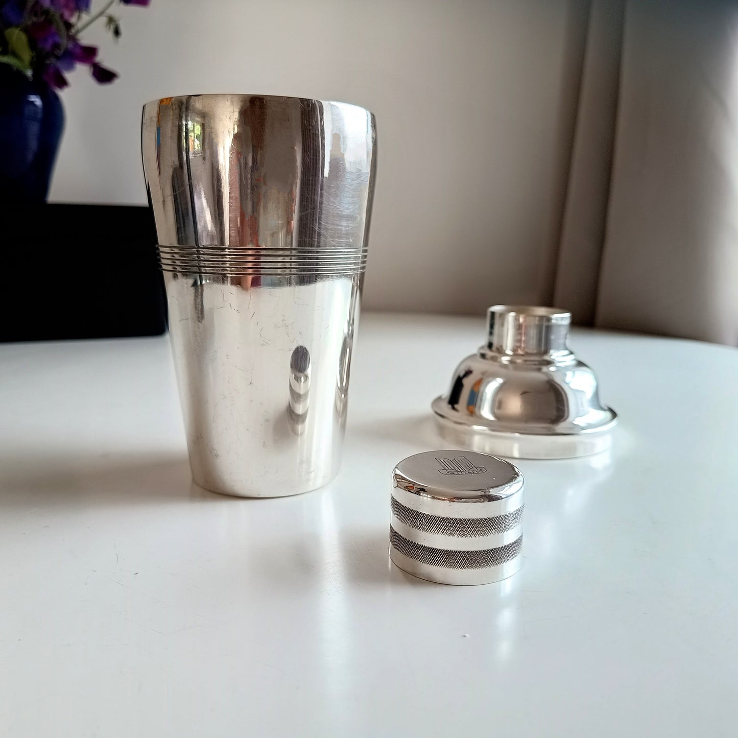 Vintage Art Deco Style Engine Turned English Silver Plate Cocktail Shaker By J Sanderson & Son for Triumph TR Sports Car With Iconic Logo