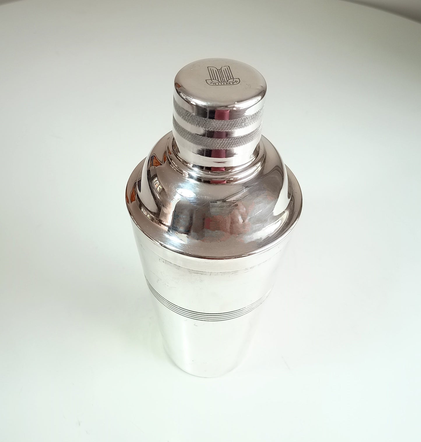 Vintage Art Deco Style Engine Turned English Silver Plate Cocktail Shaker By J Sanderson & Son for Triumph TR Sports Car With Iconic Logo