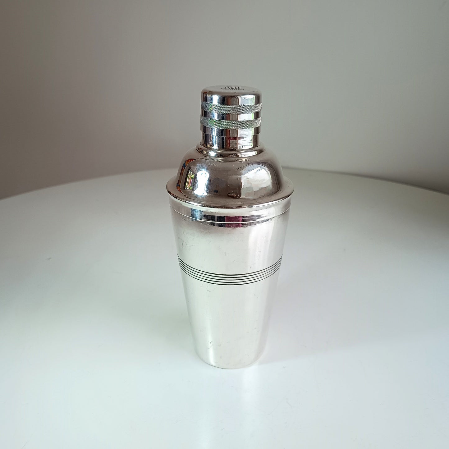 Vintage Art Deco Style Engine Turned English Silver Plate Cocktail Shaker By J Sanderson & Son for Triumph TR Sports Car With Iconic Logo