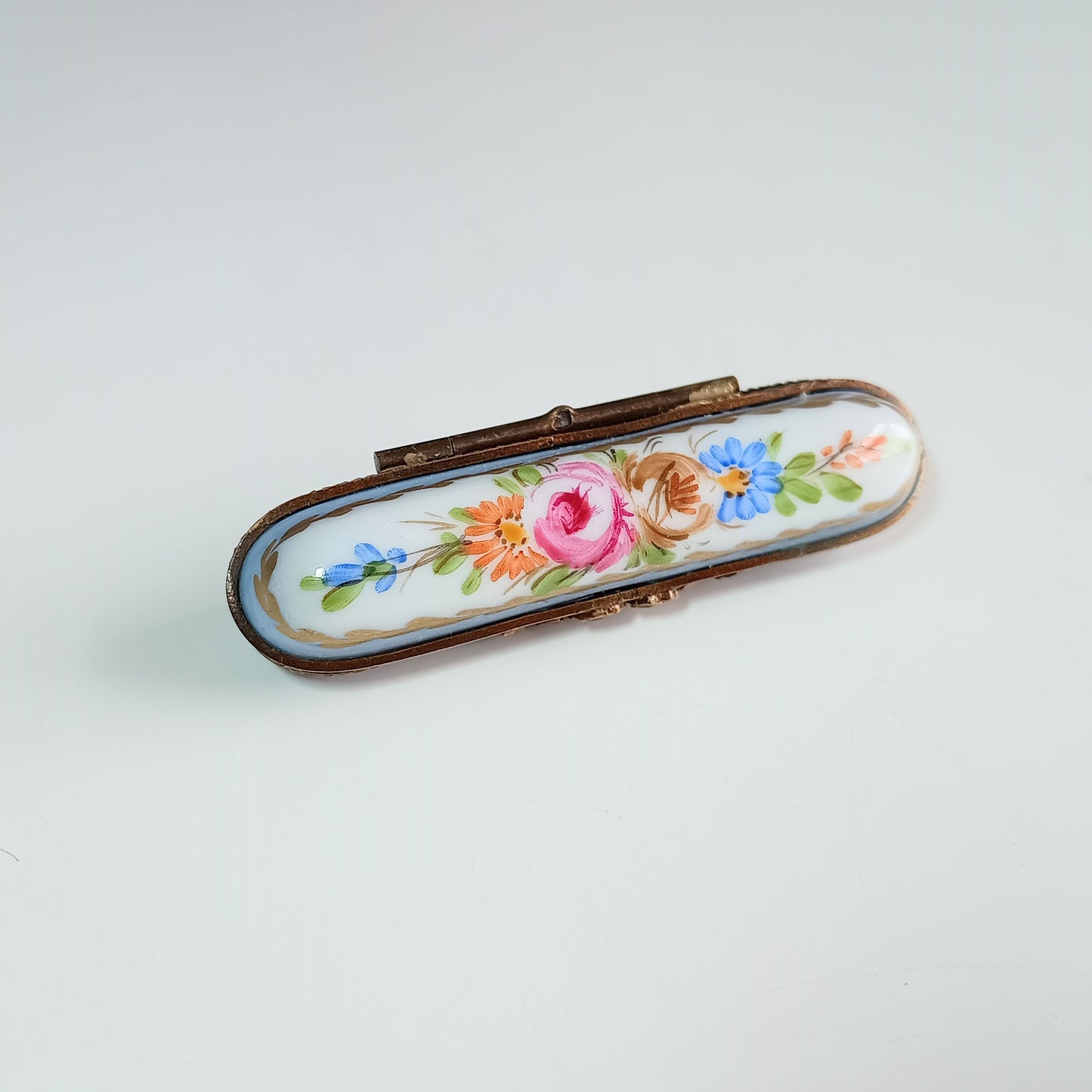 Antique Hand-Painted Limoges Porcelain Needle Box – Roses & Gilt with Brass Fittings