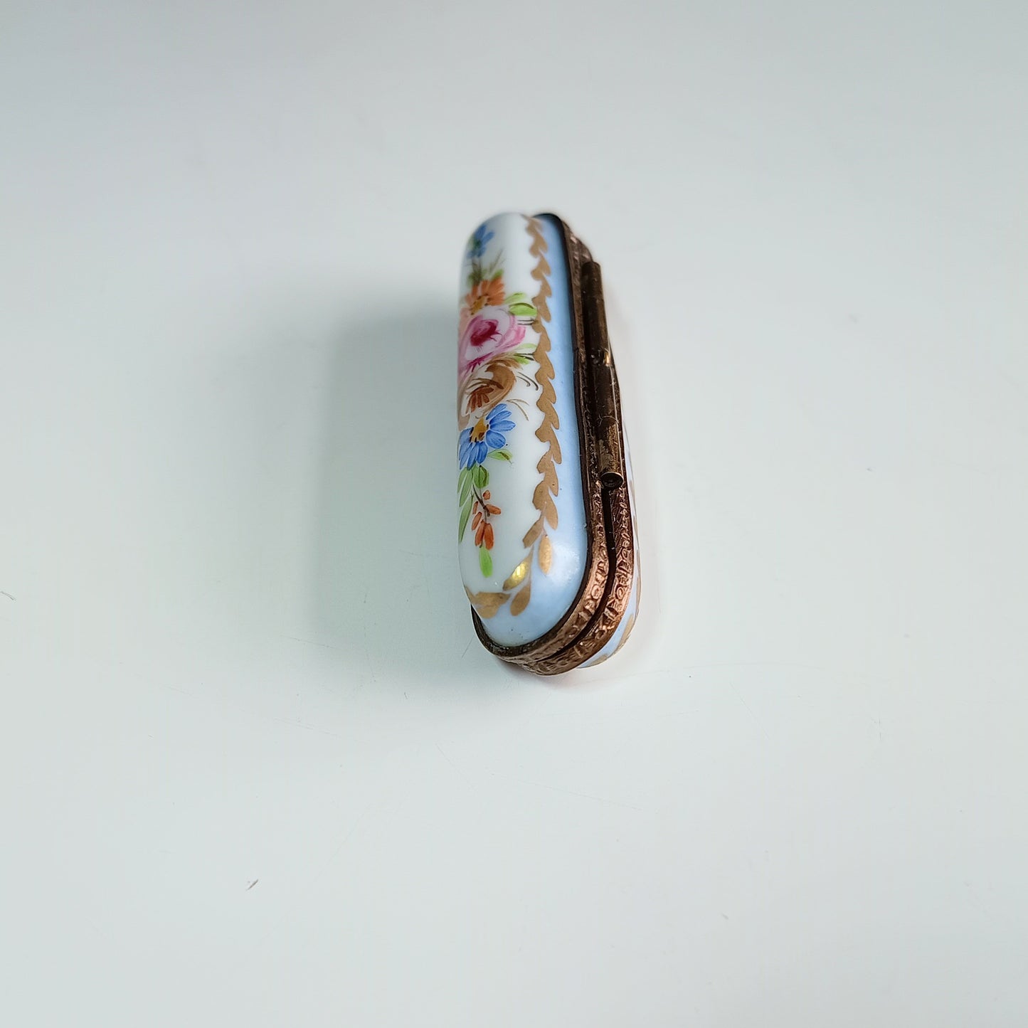 Antique Hand-Painted Limoges Porcelain Needle Box – Roses & Gilt with Brass Fittings