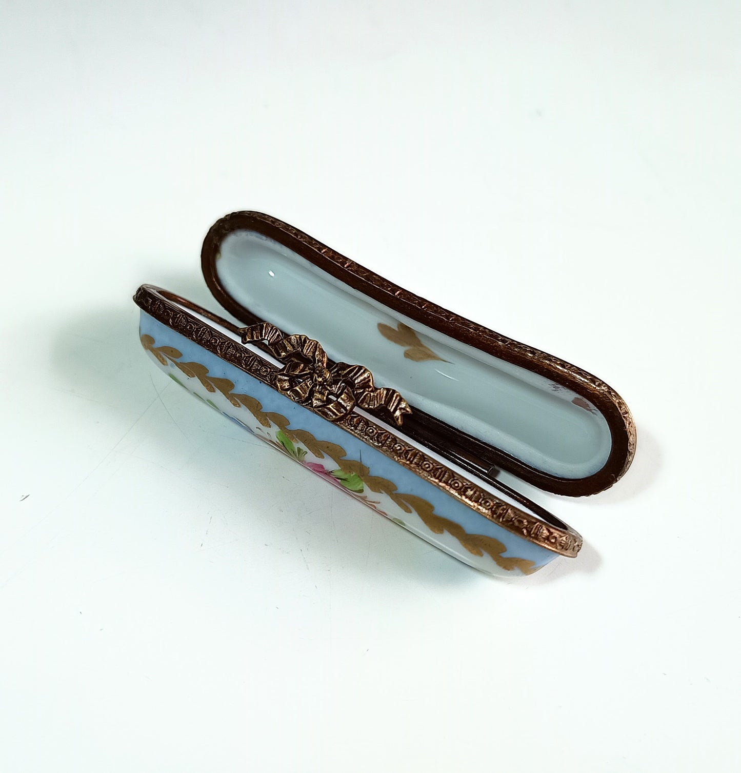 Antique Hand-Painted Limoges Porcelain Needle Box – Roses & Gilt with Brass Fittings