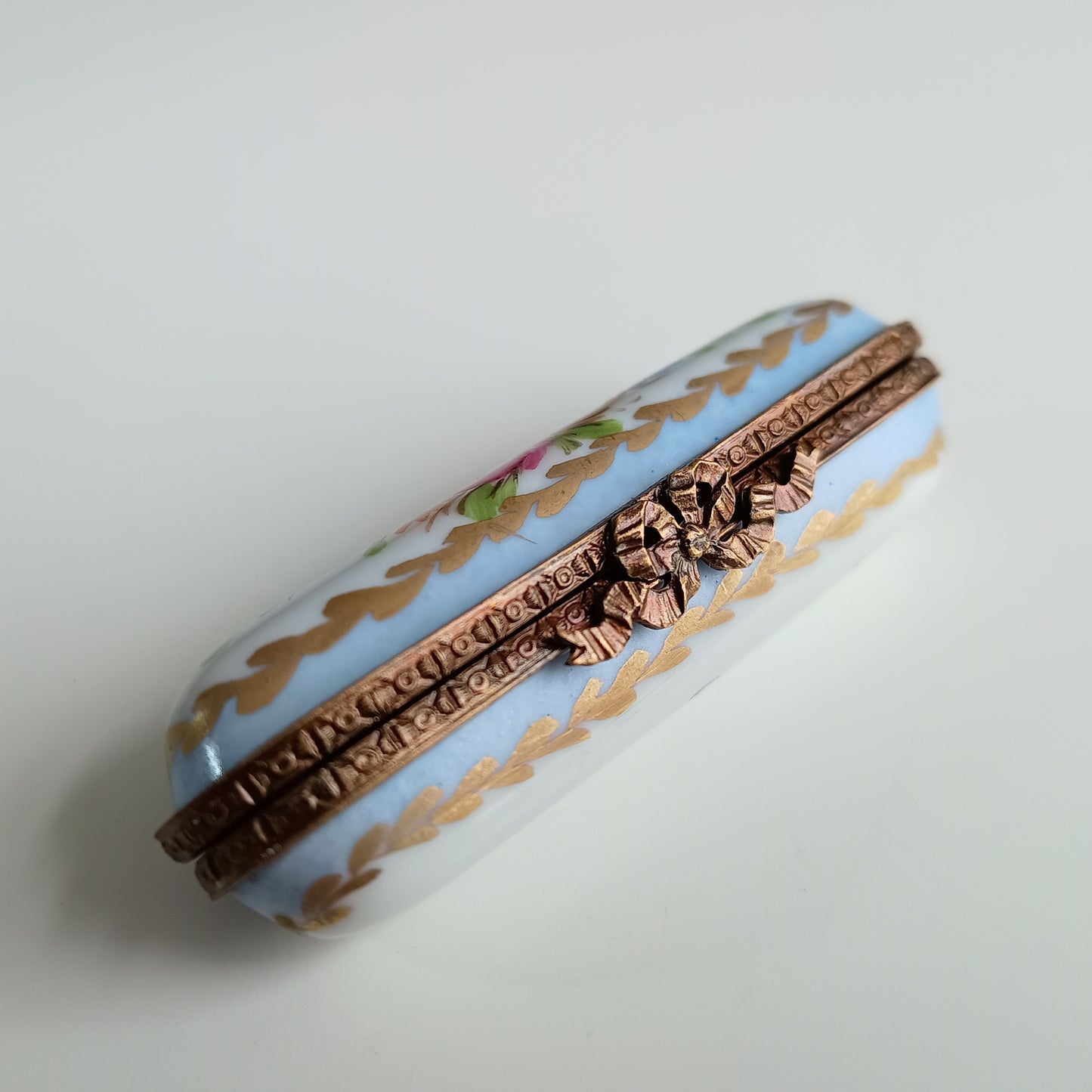 Antique Hand-Painted Limoges Porcelain Needle Box – Roses & Gilt with Brass Fittings