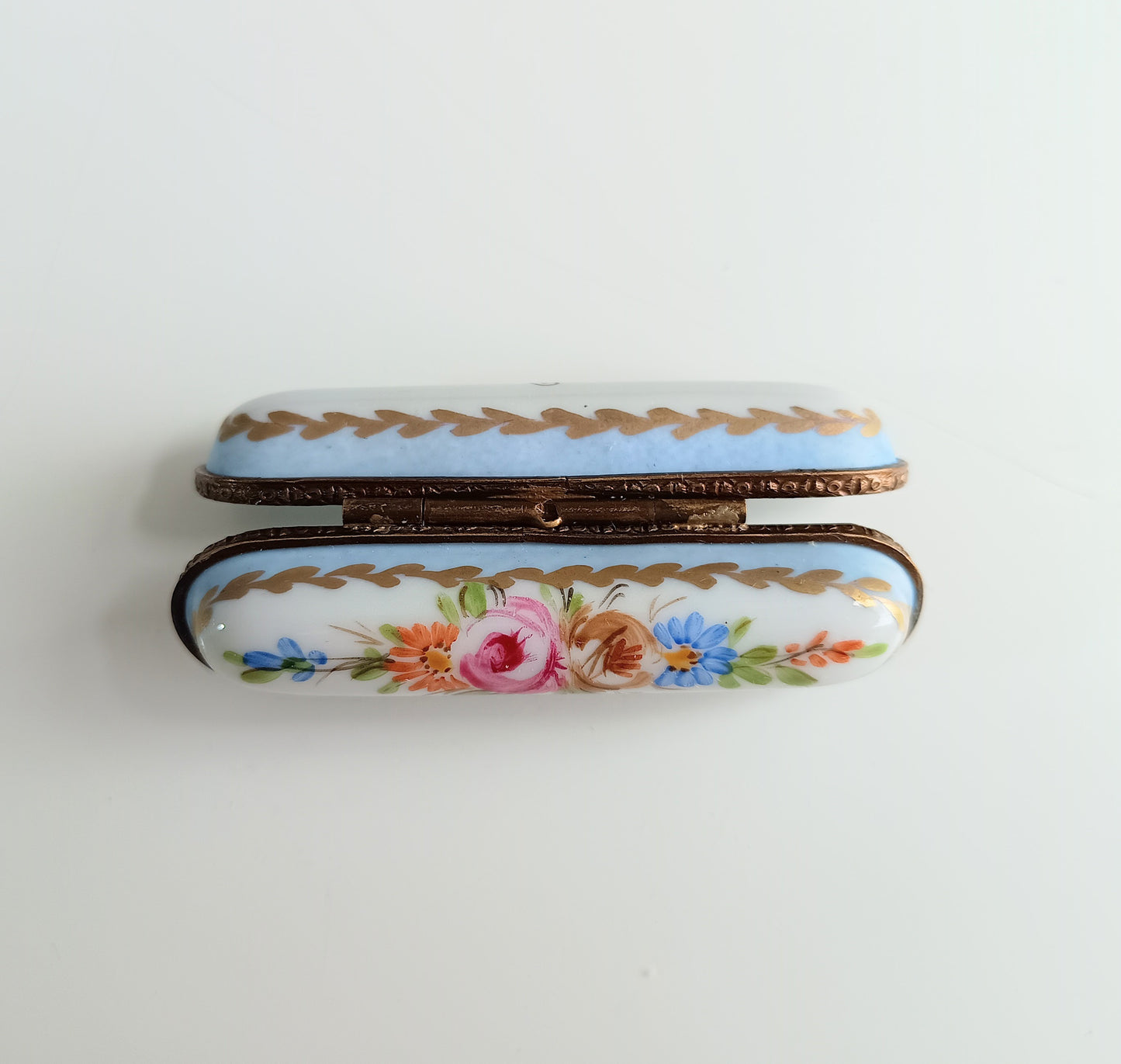 Antique Hand-Painted Limoges Porcelain Needle Box – Roses & Gilt with Brass Fittings