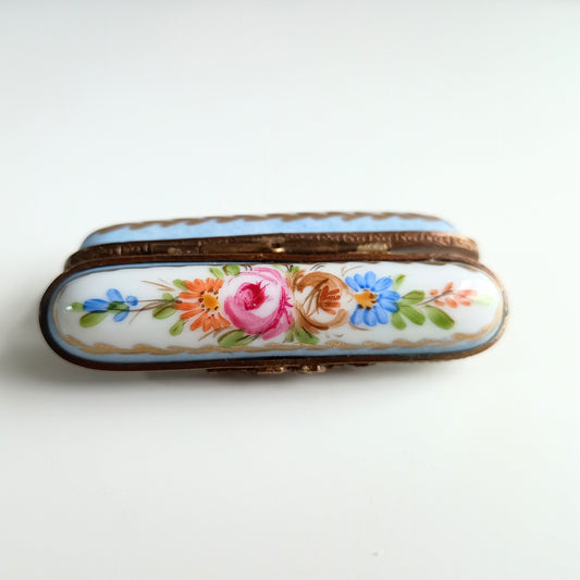 Antique Hand-Painted Limoges Porcelain Needle Box – Roses & Gilt with Brass Fittings