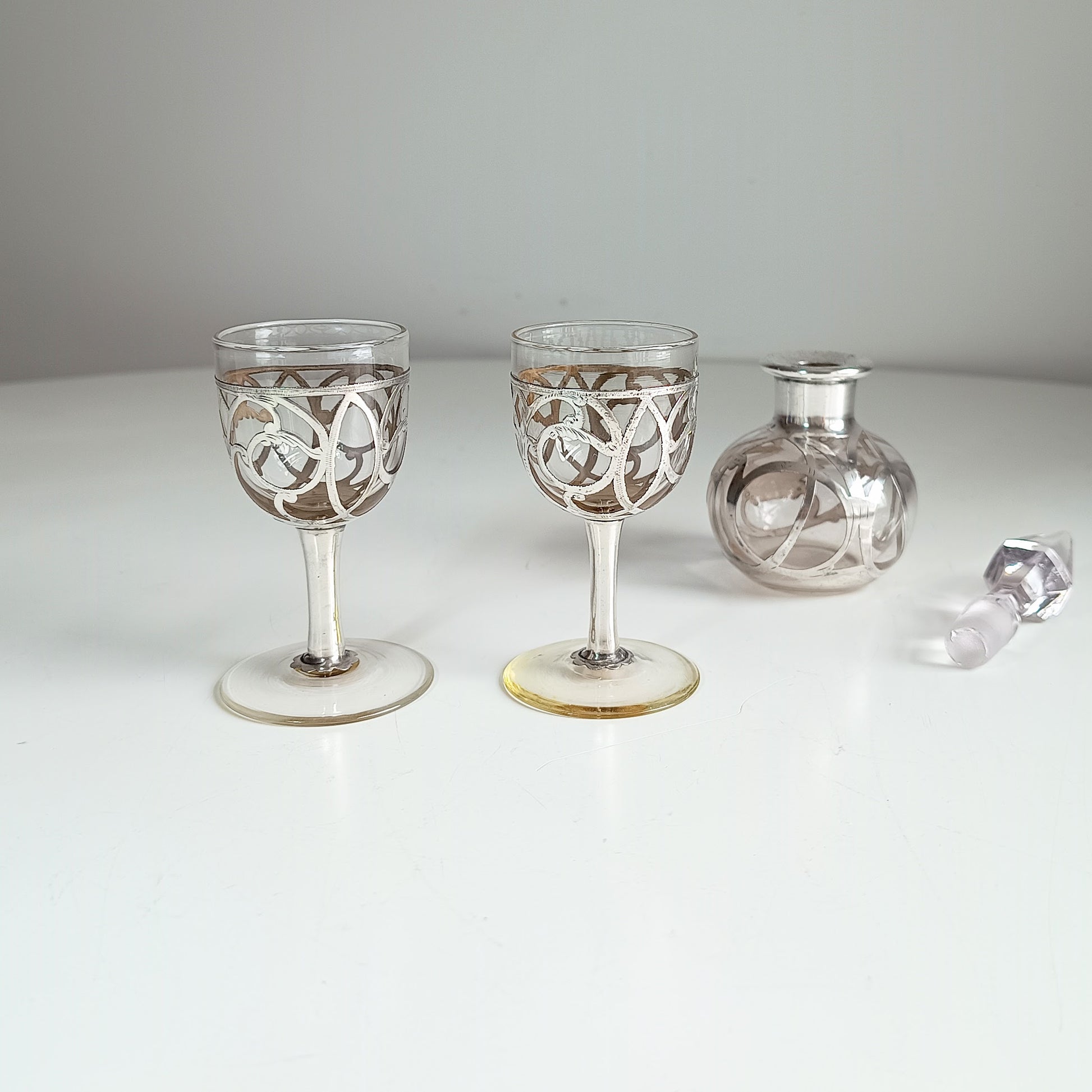 Art Nouveau liqueur glasses with silver overlay Alvin