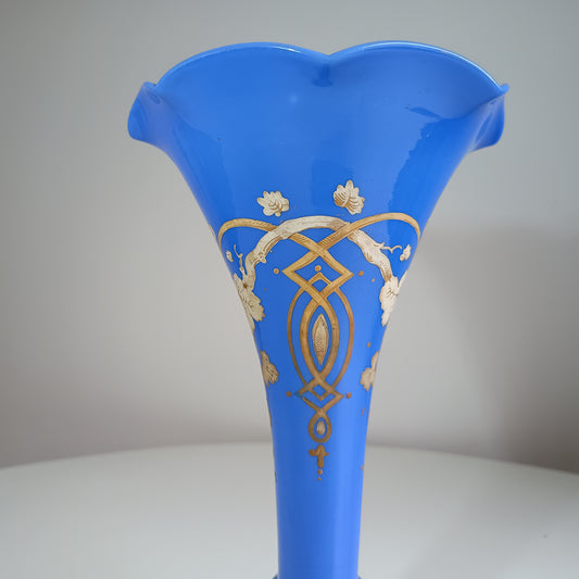 Art Nouveau Celeste Blue Opaline Glass Trumpet Vase in the style of Harrach, Bohemia, 1880-1900