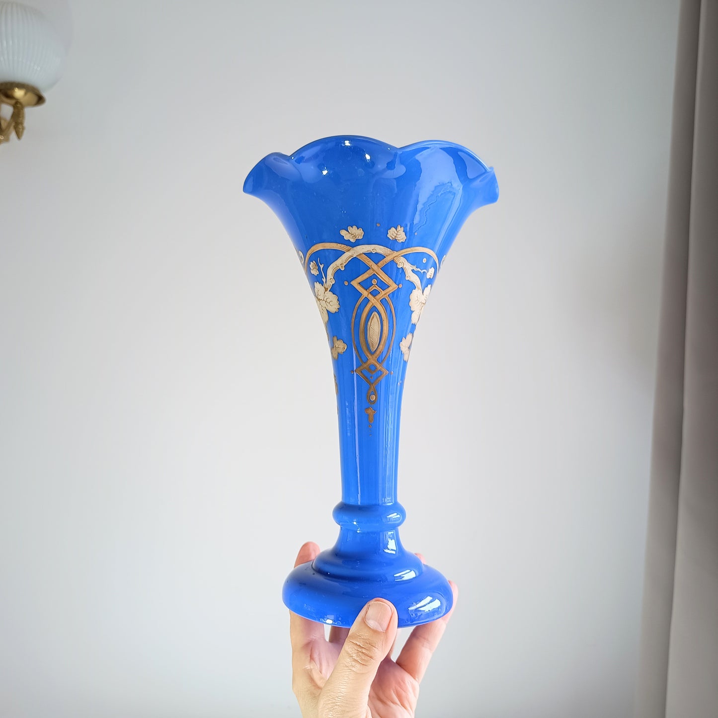Art Nouveau Celeste Blue Opaline Glass Trumpet Vase in the style of Harrach, Bohemia, 1880-1900