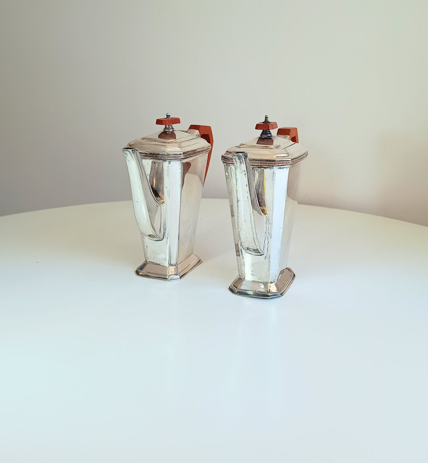 Pair of 20th-century Art Coffee Pots Geometric Bakelite Handles