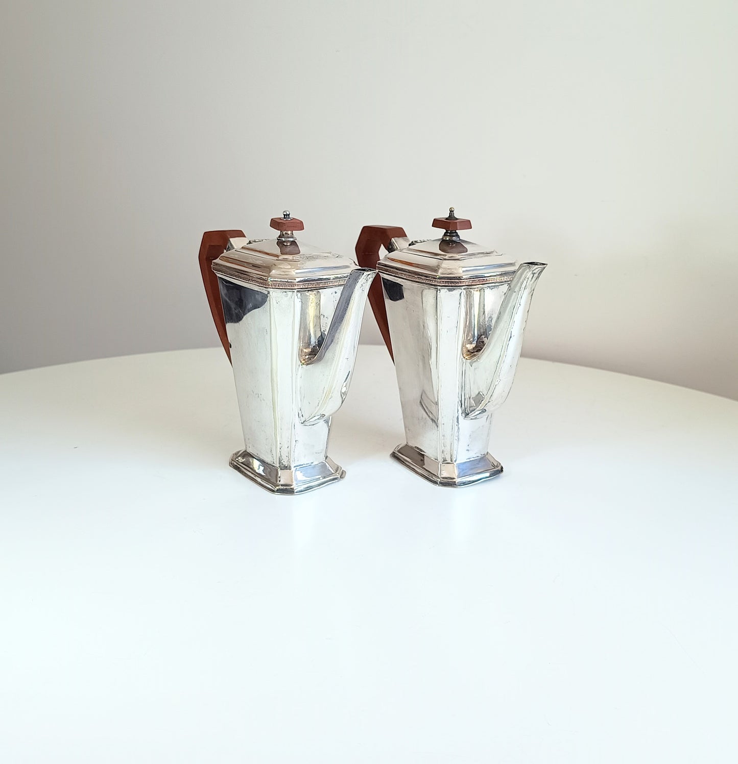 Pair of 20th-century Art Coffee Pots Geometric Bakelite Handles