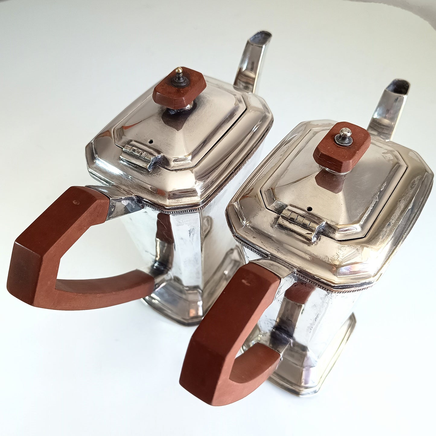 Pair of 20th-century Art Coffee Pots Geometric Bakelite Handles