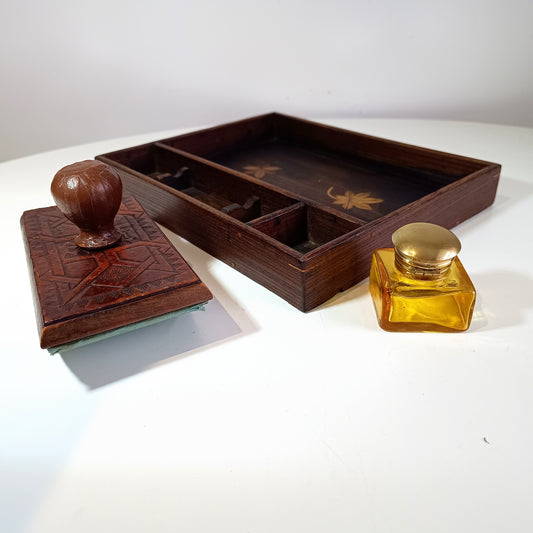 Quality French Belle Epoque Japonisme Desk Tidy Wooden Inlay Pen Stand with Yellow Glass Ink Bottle and Embossed Leather Blotter 1890s