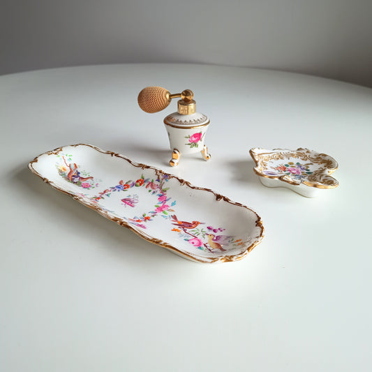 Vintage Bavaria Rose Porcelain Bottle Atomiser and vanity table decorative dishes with birds and roses