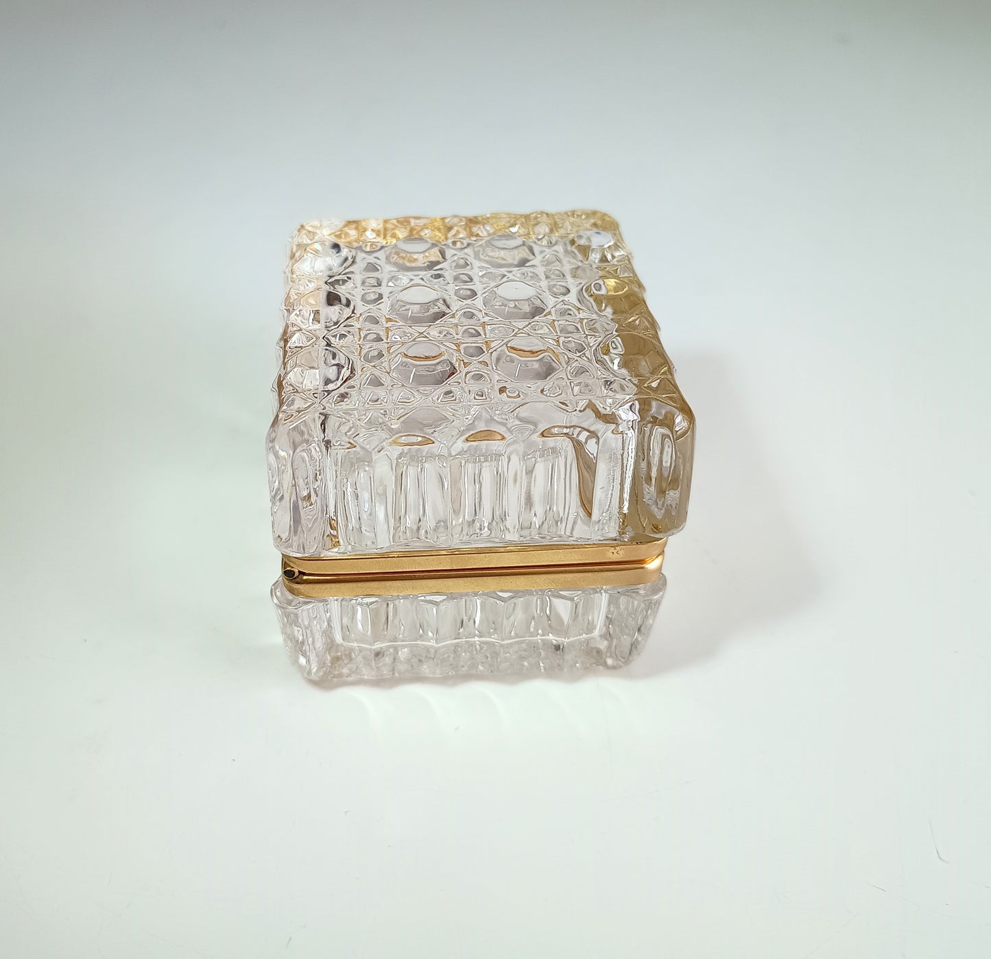 Vintage 1950s Square French Cut Crystal jewellery casket box in the style of Baccarat