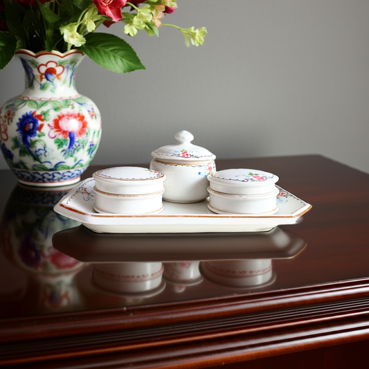 19 century French Porcelain Set of Hand-Painted Tray and 3 Lidded Pots in the Style of Limoges for Display or for Table Serving