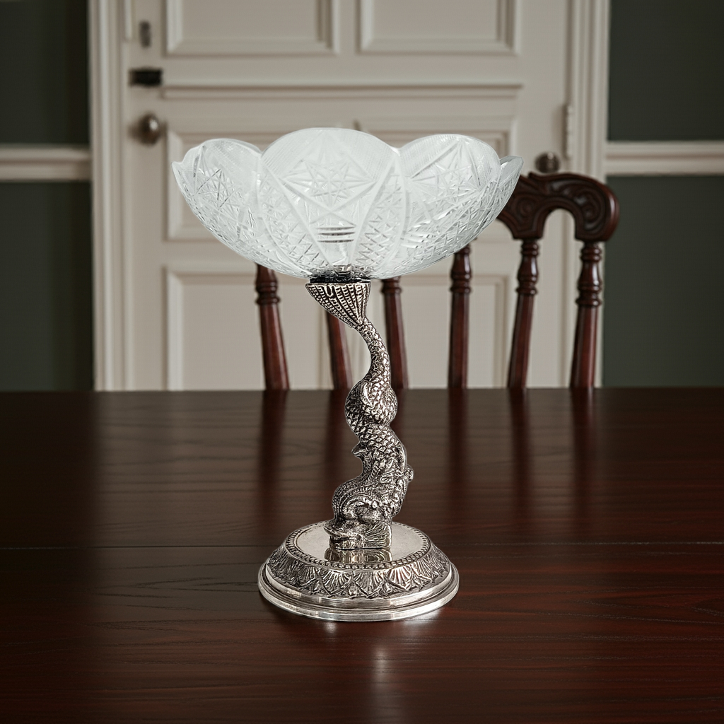 Antique French Biscuit Bowl with Cast Figural Dolphin Stand – Silver Plate & Cut Glass, 10.25" Tall