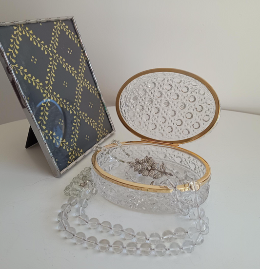 Good Quality Vintage French Cut Lead Glass and Brass Jewellery Box Baccarat Style Diamants Pierreries