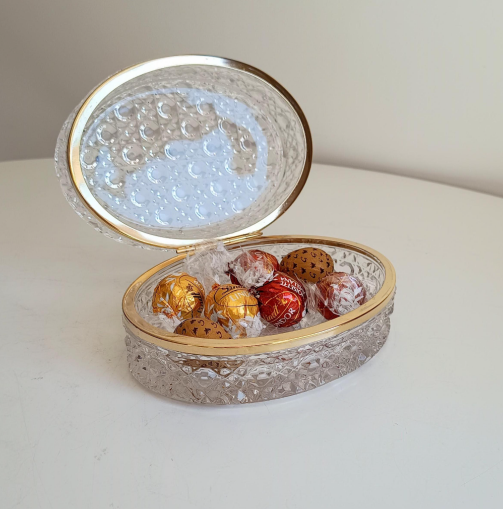 Good Quality Vintage French Cut Lead Glass and Brass Jewellery Box Baccarat Style Diamants Pierreries