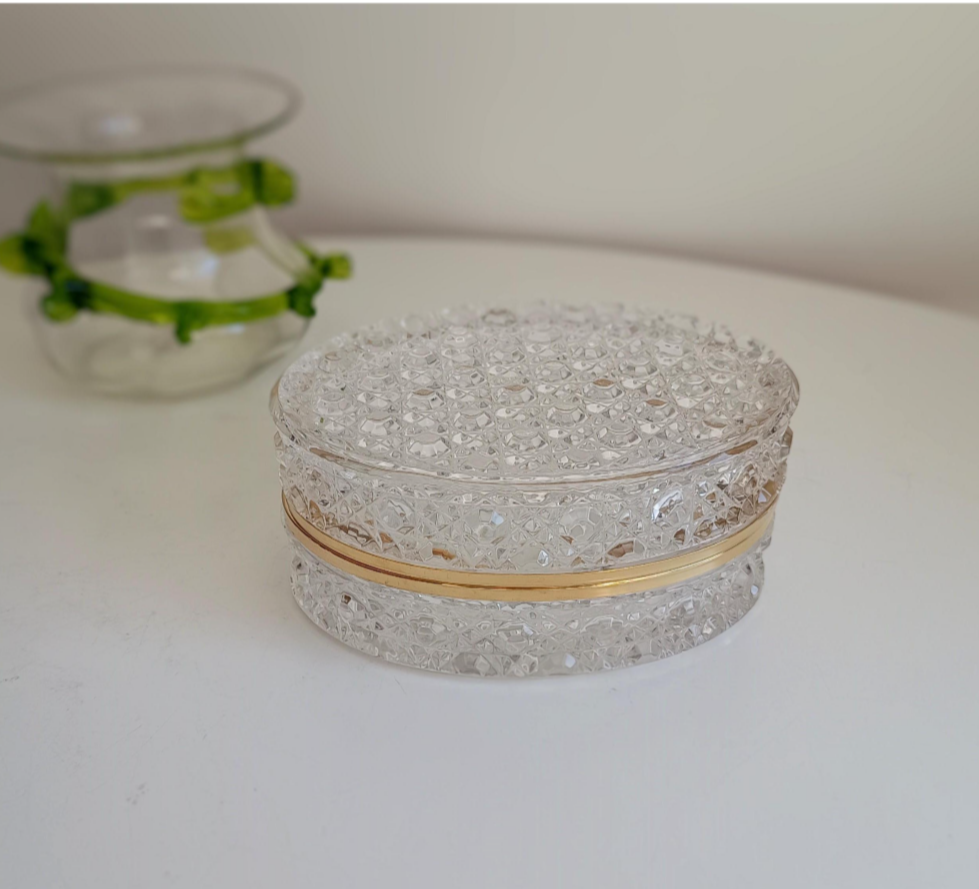 Good Quality Vintage French Cut Lead Glass and Brass Jewellery Box Baccarat Style Diamants Pierreries