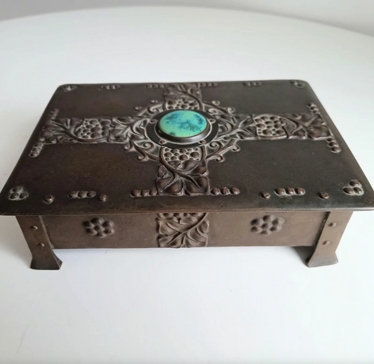 Arts and Crafts Bronze, Ruskin Enamel, Art Nouveau Playing Cards Bridge Box Jewelry Casket Faulkner Bronze Jesson Birkett Birmingham Guild