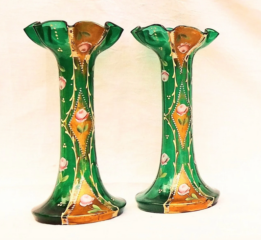 Art Nouveau Continental Emerald Green Glass Vases, probably French or Bohemian