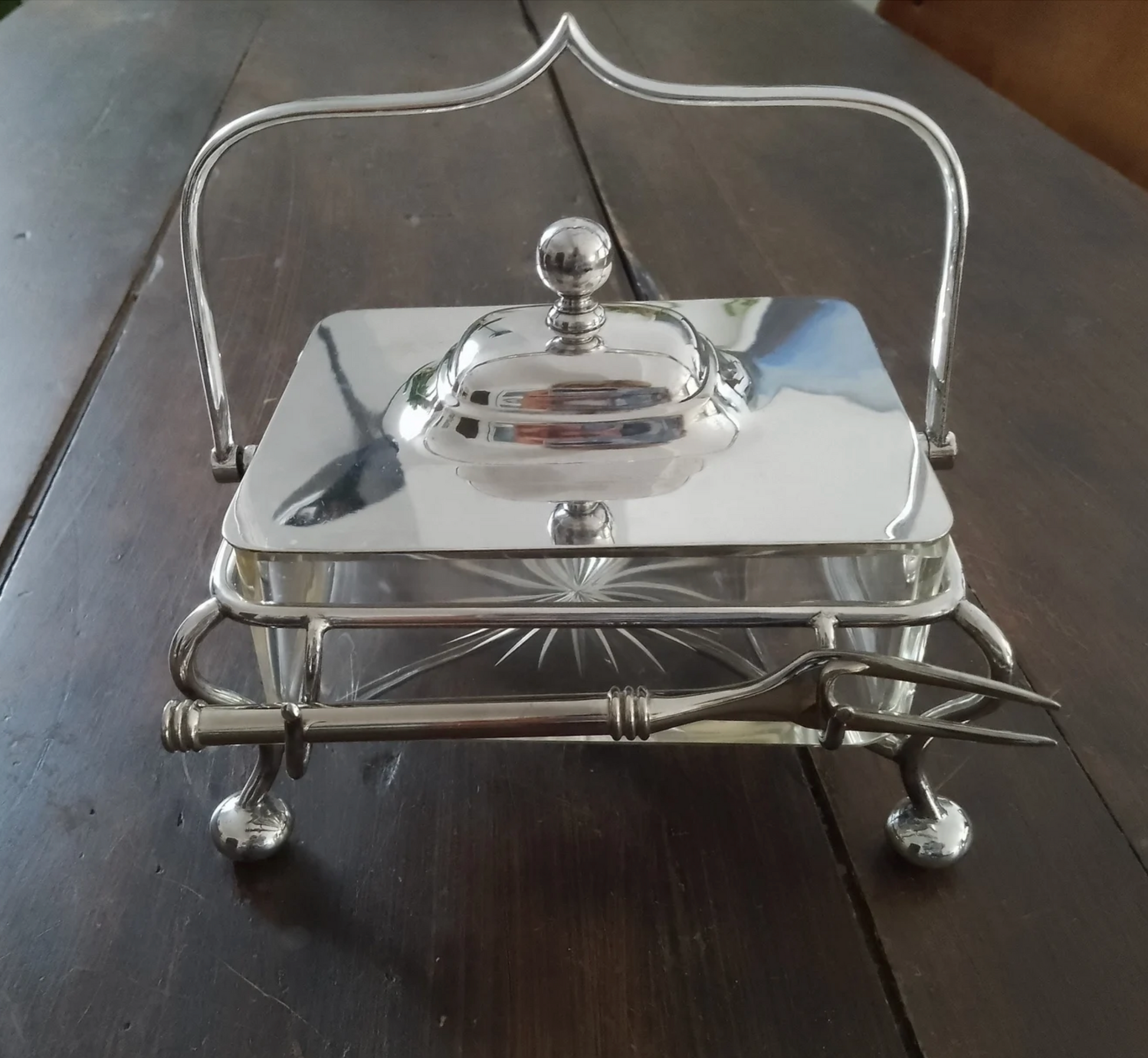 Antique Silver plate and cut glass antique caviar, seafood or sardines lidded serving dish with ball feet circa 1920-1930s