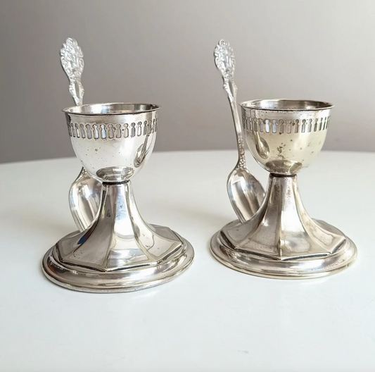 Pair of English Silver Plate Aesthetic Period Egg Cups or Stands with Queen Victoria Jubilee Spoons circa 1898 Art Nouveau Bell Epoque Era
