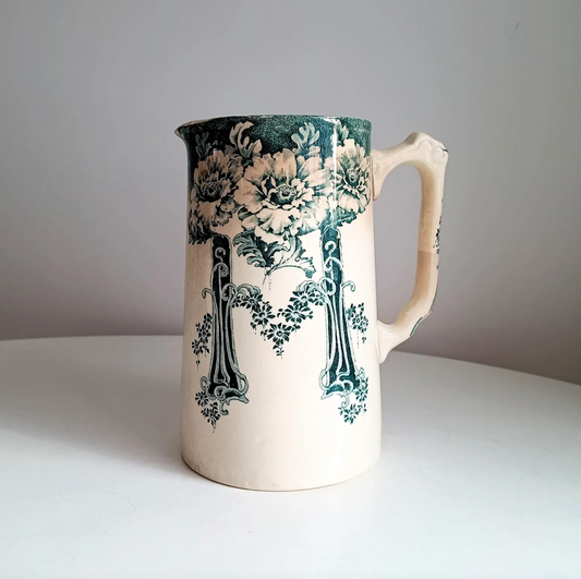 Art Nouveau White and Teal Green Jug Transferware Antique Pitcher Aesthetic Movement late Victorian early Edwardian Era likely Scottish made