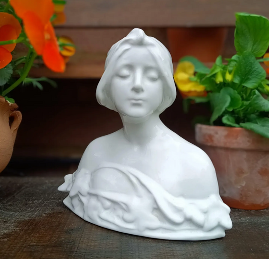 Vintage Art Nouveau White Glazed Ceramic Sculpture Bust of a Young Lady in the style of Galluba and Hofmann by Continental European Pottery