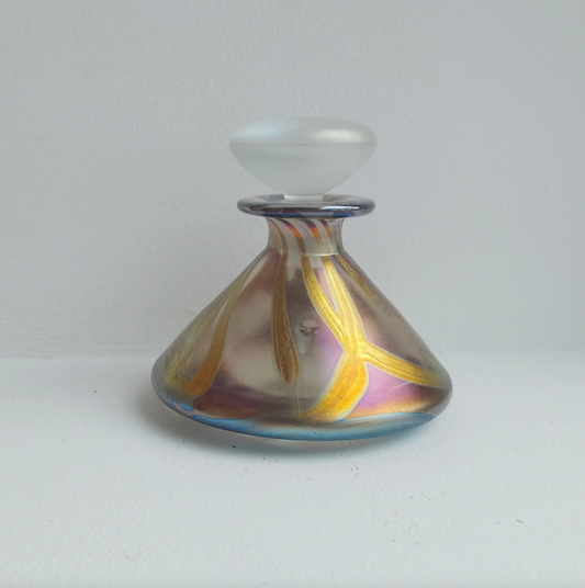 Vintage Art Glass Isle Of Wight Studio Irridescent Perfume Bottle White Ribbons and Original Stopper in Art Nouveau style