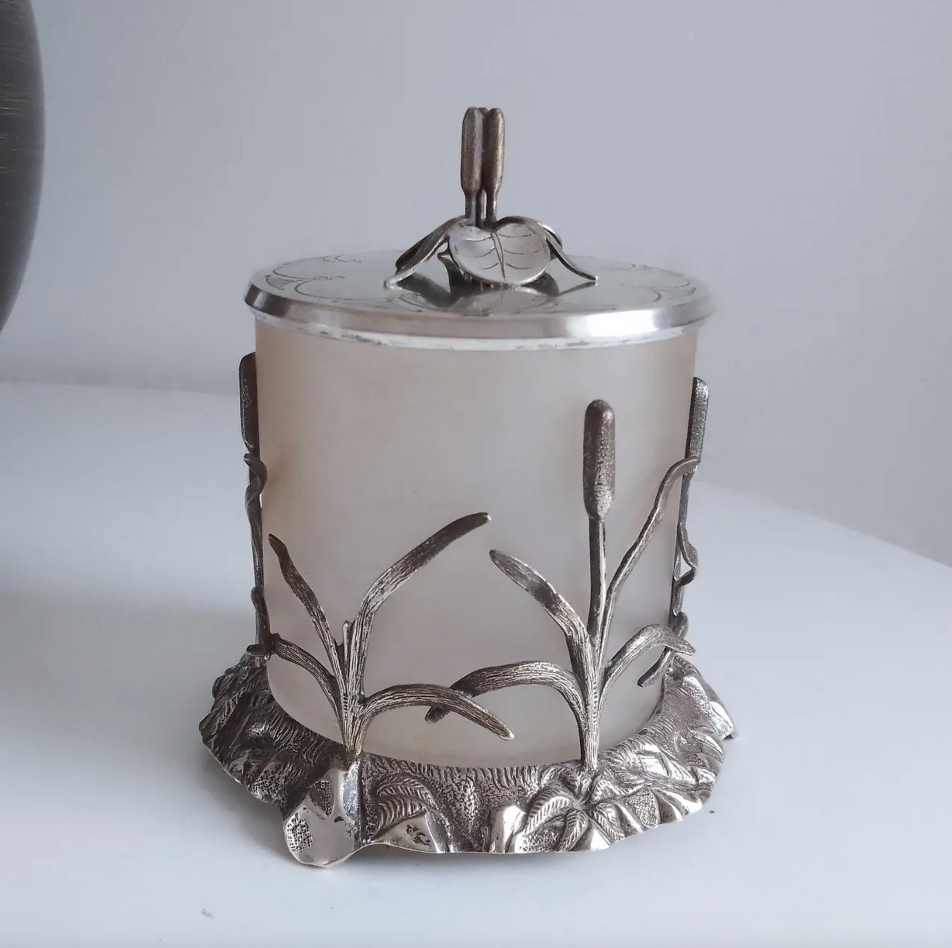 Rare Antique Art Nouveau Satin Frosted Glass Biscuit Barrel or Tea Jar with Silver Plate Reed Frame, Ornate cover and Reed Lilly Pads Finial