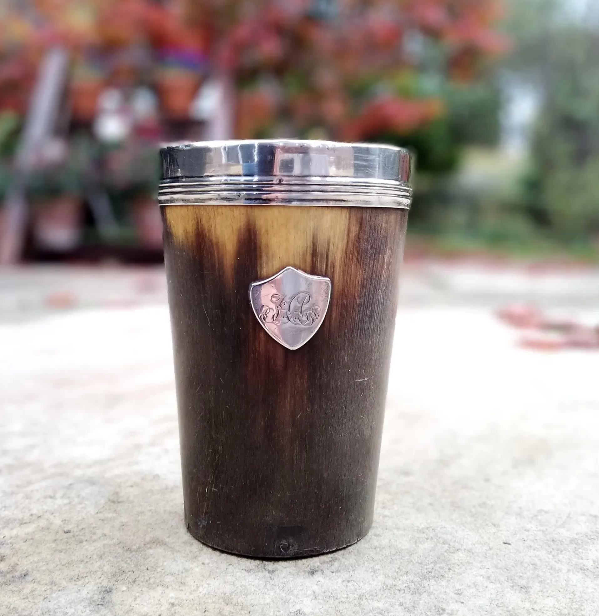 Antique Authentic most likely Scottish Late Georgian to Early Victorian Silver Rimmed Horn Beaker Hunting Cup with Silver Shield Monogram