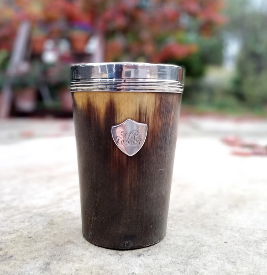 Antique Authentic most likely Scottish Late Georgian to Early Victorian Silver Rimmed Horn Beaker Hunting Cup with Silver Shield Monogram