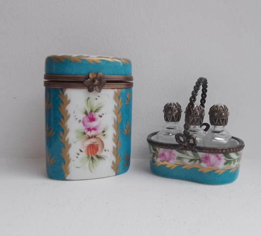 Signed Vintage French Roses on Turquoise and Gilt Background Limoges Boxes Matches or Toothpicks Case and Miniature Perfume Bottles Box