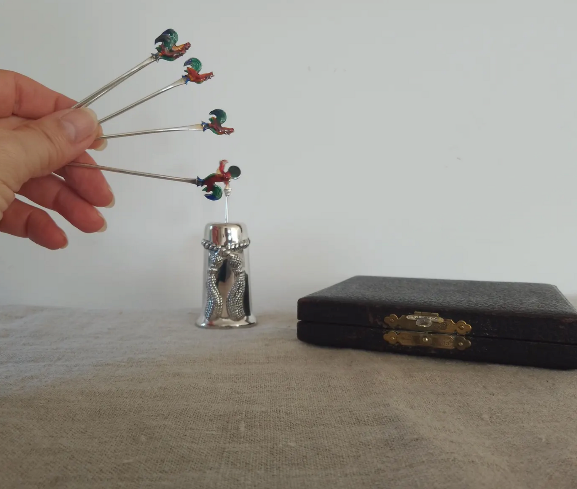 Art Deco English Vintage Hallmarked Sterling Silver Cocktail Bar Picks Charcuterie Sticks, Guilloche Enamel Cockerel Heads