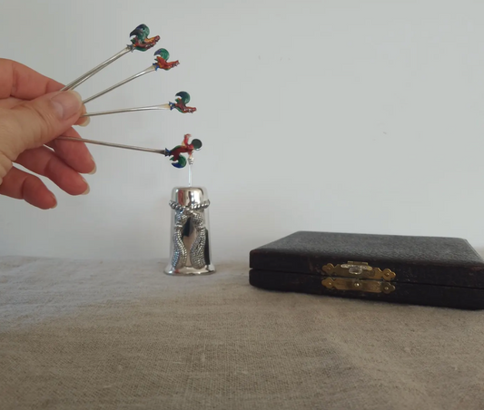 Art Deco English Vintage Hallmarked Sterling Silver Cocktail Bar Picks Charcuterie Sticks, Guilloche Enamel Cockerel Heads