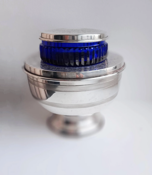 Authentic Vintage Art Deco Blue Glass and Engine Turned Silver Plate Caviar Presentoir, Pate or Seafood Server with Ice Bowl Mint Condition