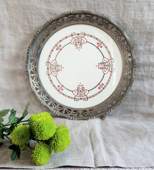 Max Danhorn - Authentic Vintage Art Nouveau Jugendstil German Decorative Metal and Porcelain Display Plate Tray Signed Stamped with Number