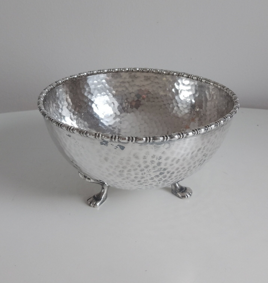 Stylish Arts and Crafts Hammered Silver Plate Dish on Three Lion Feet By Antique English Silver Maker Chatterley Art Nouveau Jugendstil Era