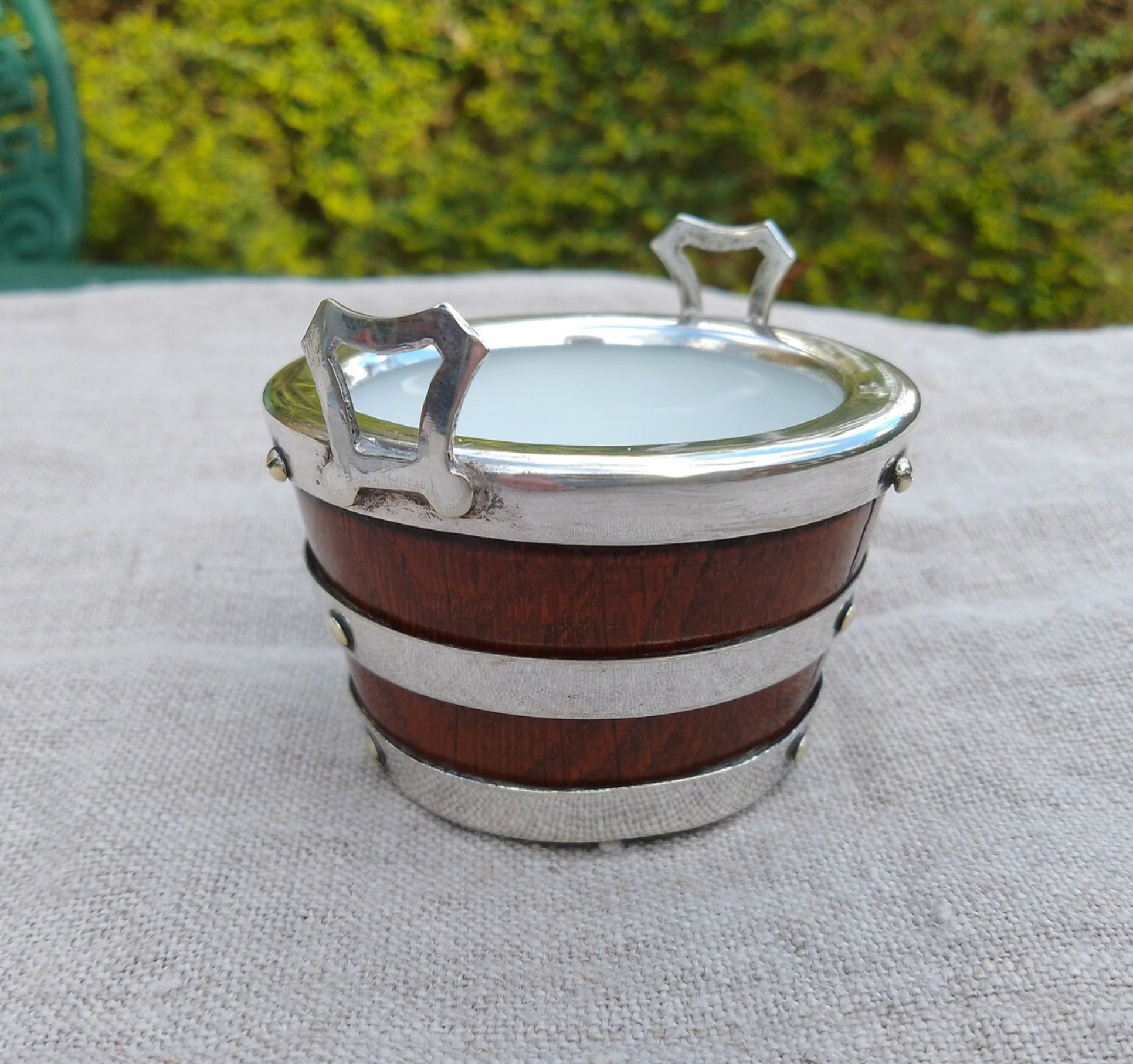 Antique English Oak Silver or Silver Plate Banded Barrel with Porcelain Interior