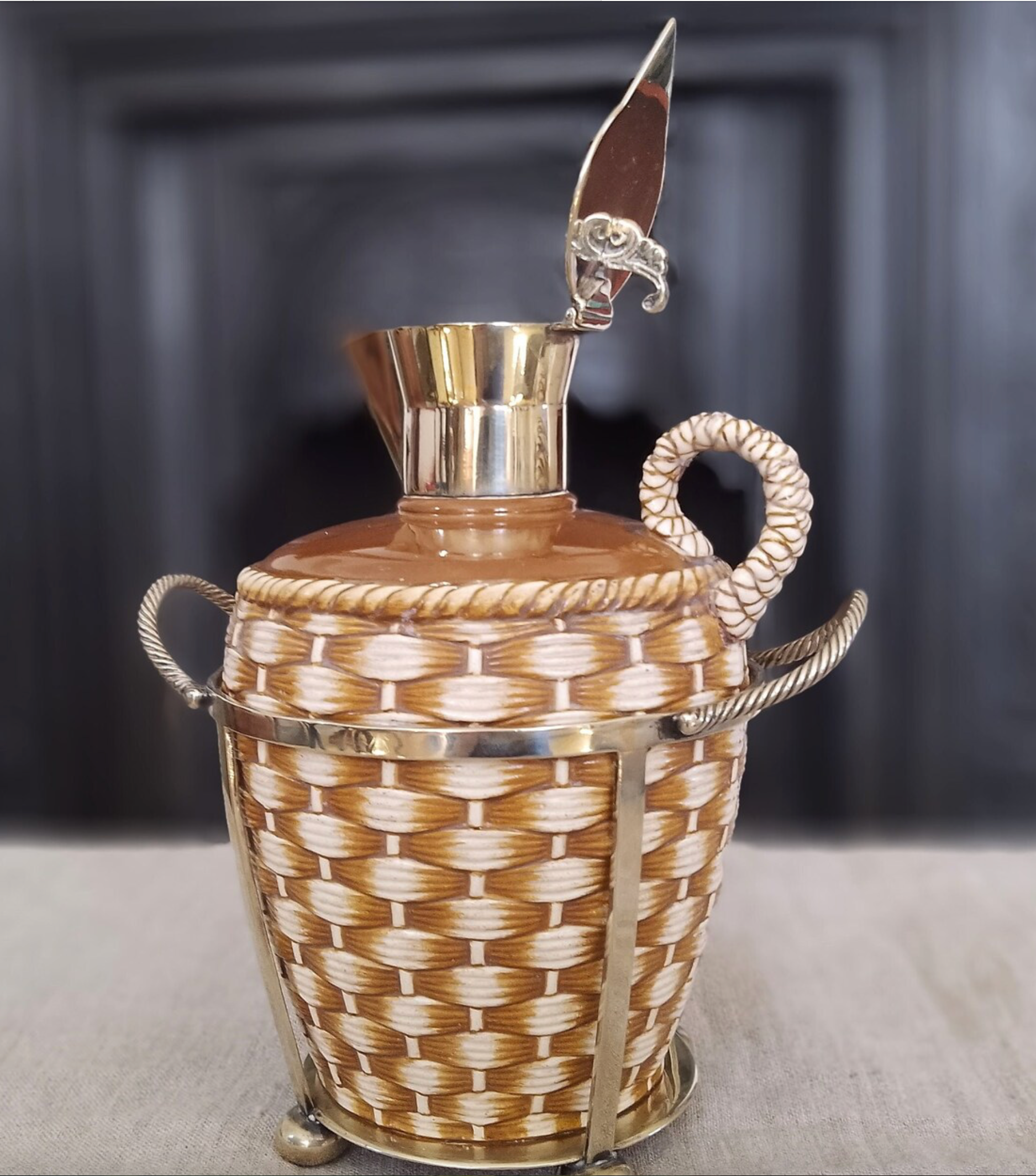 Fabulous Rare Victorian English Antique Ceramic Basket-weave Whisky Jug or Carafe In Silver Plate Caddy by Mappin Webb